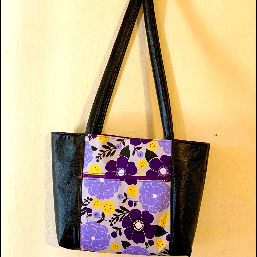 Homemade purple flower tote outside zipper pocket
